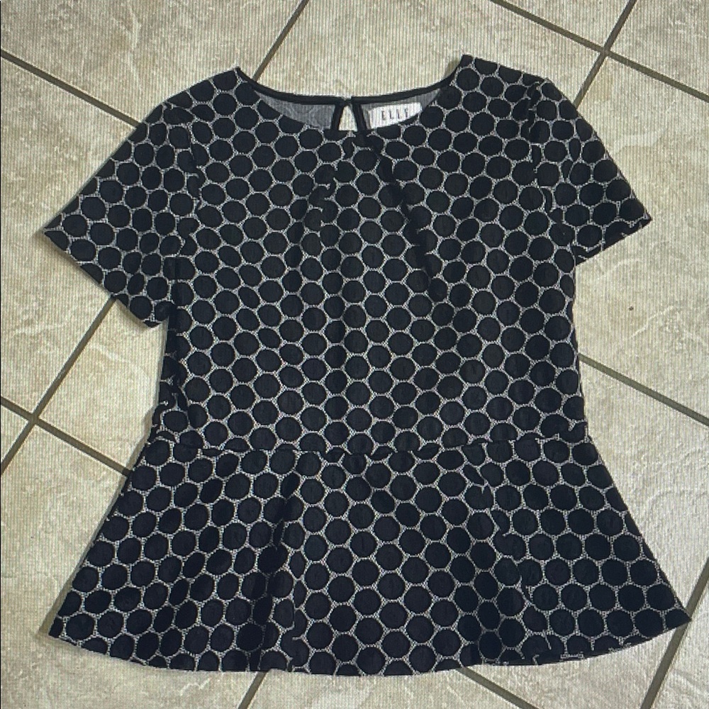 Elle Black Peplum Top with Silver Circle Pattern
